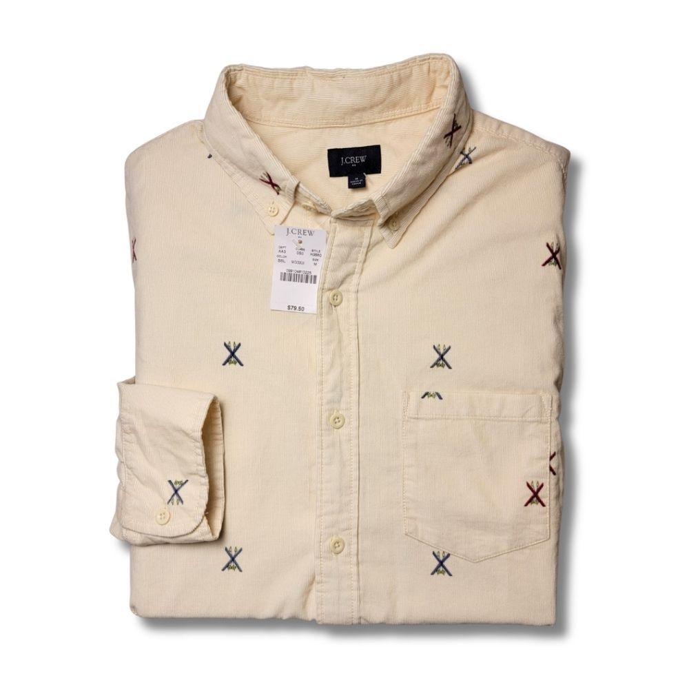 J. Crew Fine-Wale Corduroy Cream Motif Button-Down Shirt M
